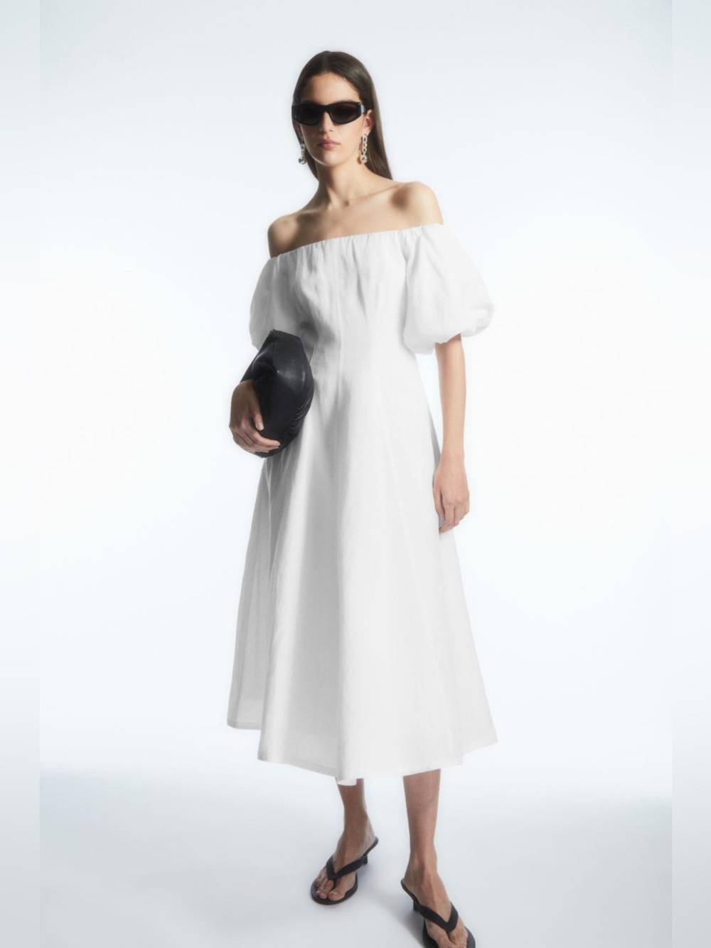 COS Puffy Sleeve Linen Midi Dress, White Size 2